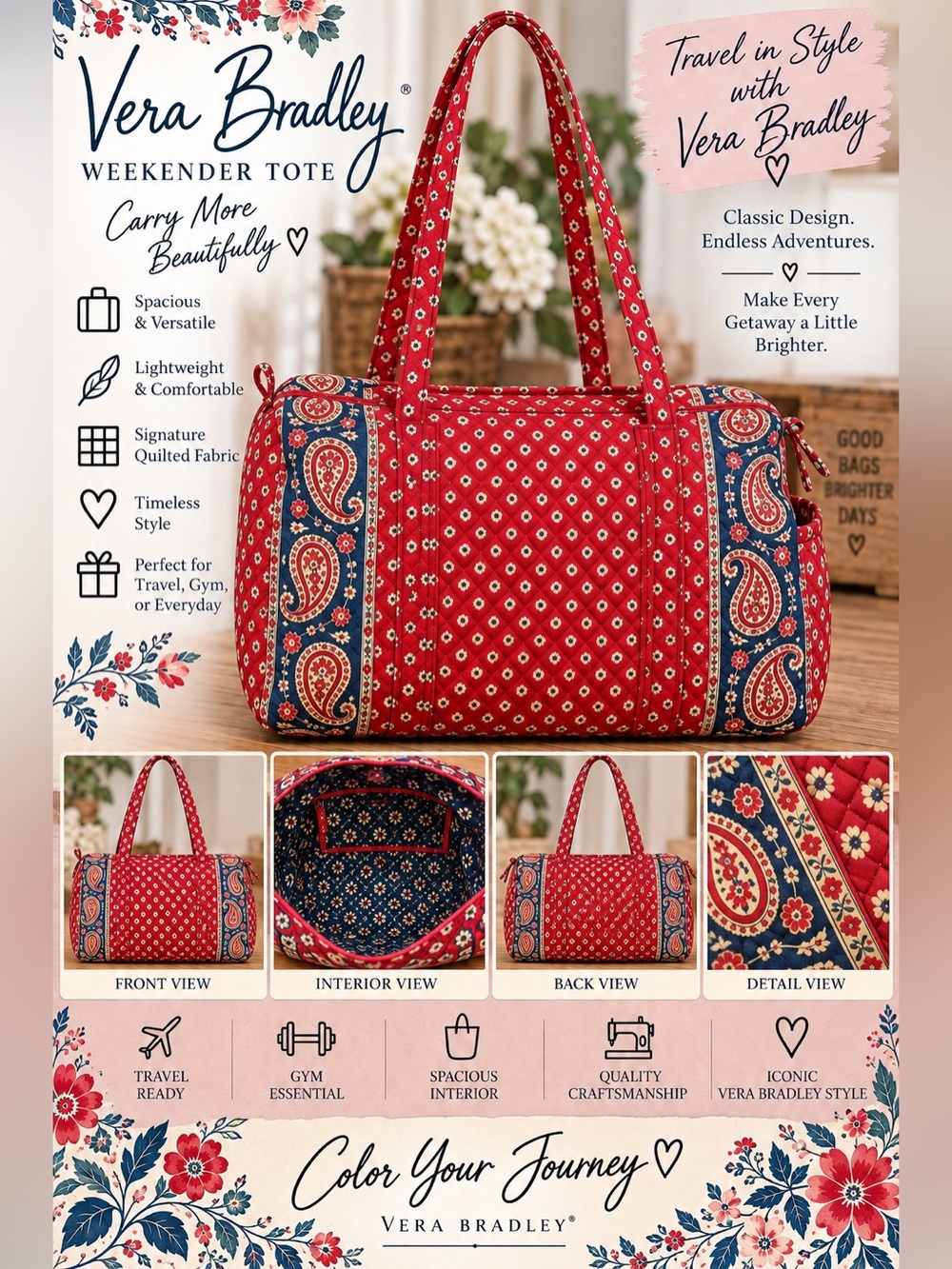 Vera Bradley Red Paisley Quilted Weekender Tote